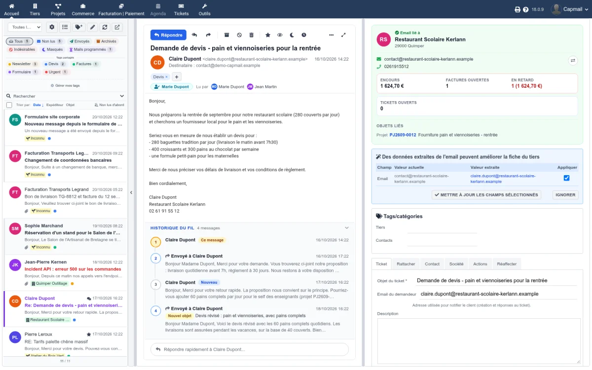 Vue d'ensemble de la liste des emails dans Capmail