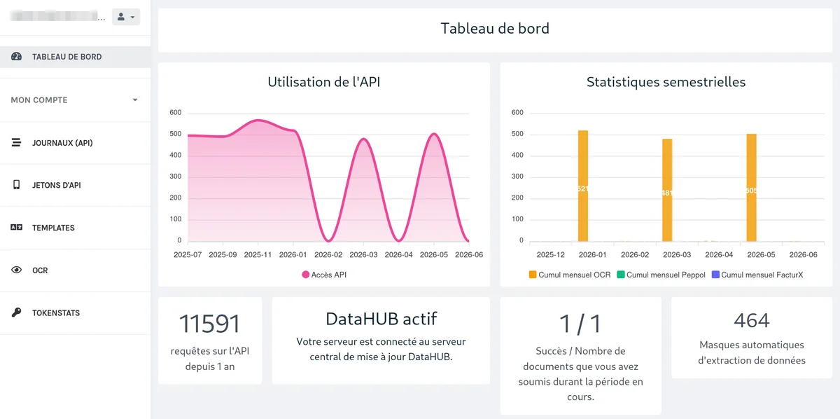 Tableau de bord après connexion avec le menu latéral de gauche