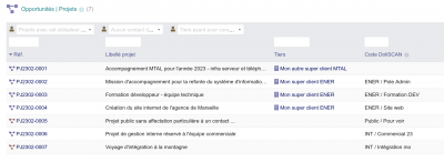 Liste de tous les projets, certains avec un code DoliSCAN, d'autres sans...
