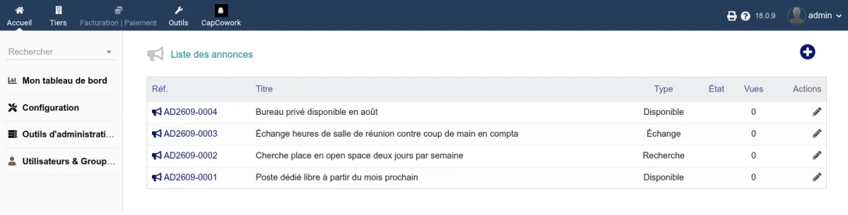Liste des petites annonces avec le type (disponible, recherche, échange), le titre, l'espace concerné, le prix, la date d'expiration et le statut de publication