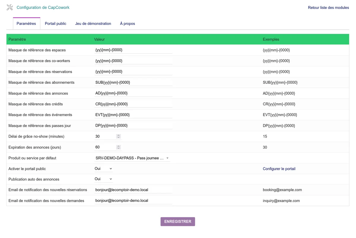 Écran de configuration principale