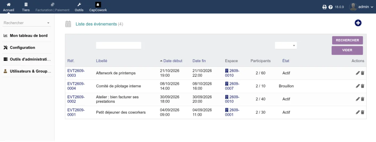 Liste des événements avec le titre, la salle, la date, le nombre de participants inscrits et le statut de publication
