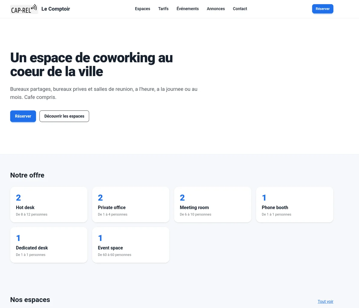 Page d'accueil du portail public vue par un visiteur : bandeau de présentation avec image d'en-tête, offre par type d'espace et espaces mis en avant