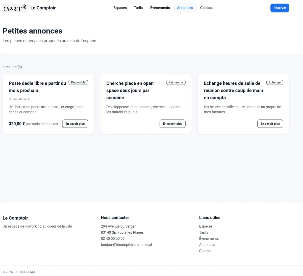 Onglet Annonces du portail public : trois annonces publiées en vignettes, chacune avec son type (Disponible, Recherche, Échange), l'espace concerné, le descriptif, le prix mensuel et un bouton En savoir plus