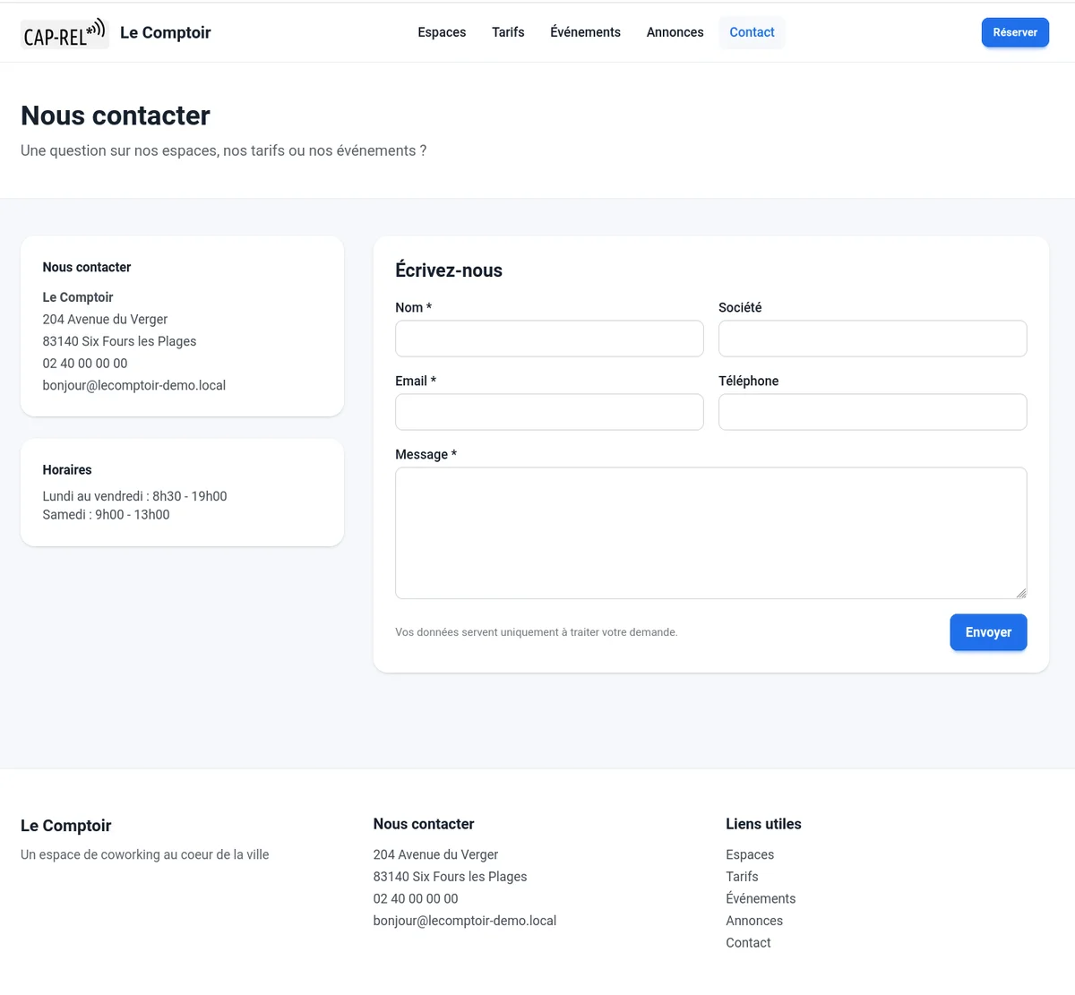 Onglet Contact du portail public : à gauche les coordonnées et les horaires du lieu, à droite le formulaire de message avec les champs nom, société, email, téléphone et message