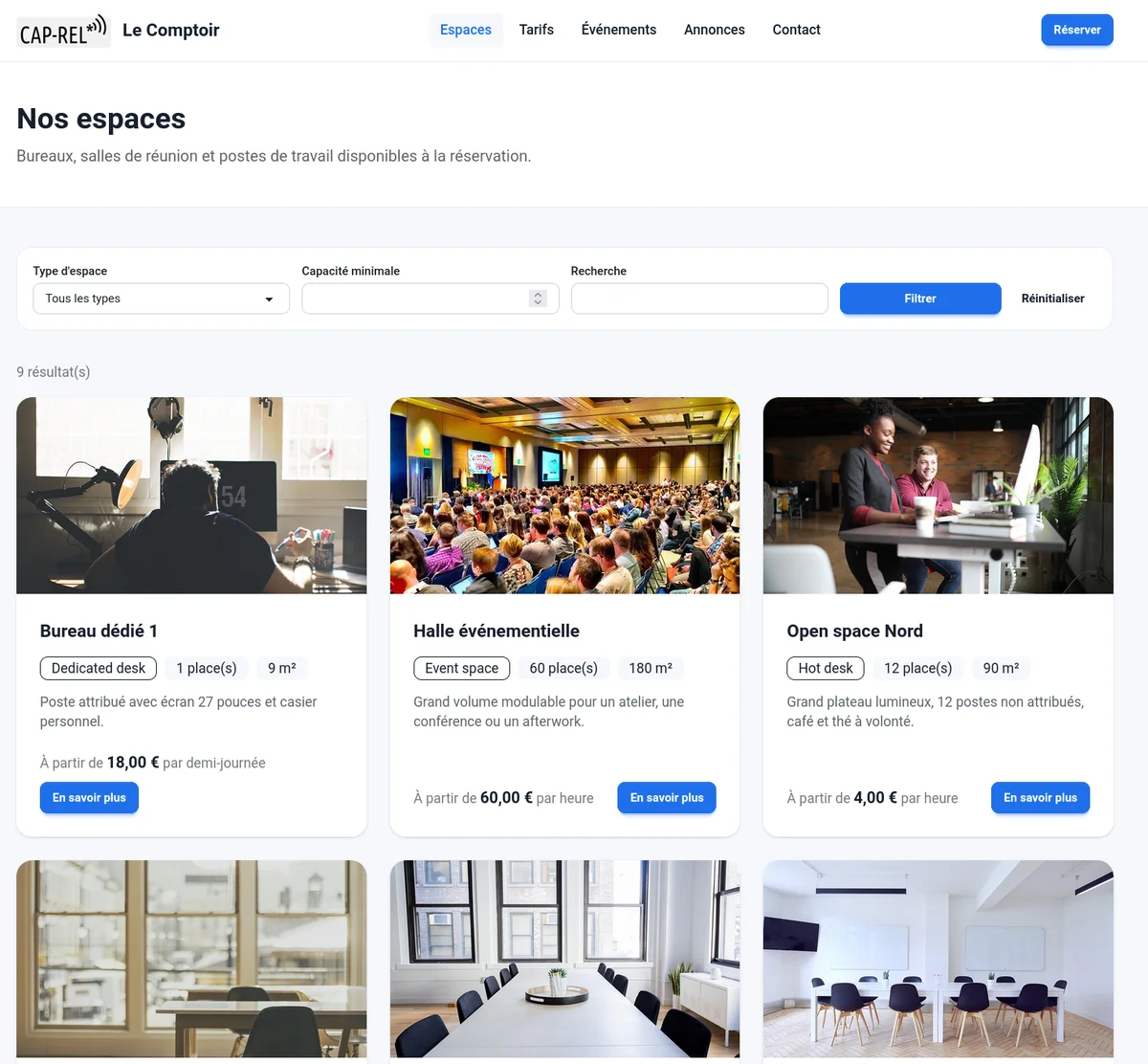 Onglet Espaces du portail public : barre de filtres par type, capacité et mot-clé, puis les espaces publiés en vignettes avec leur photo, leur type, leur capacité, leur surface et leur tarif d'entrée