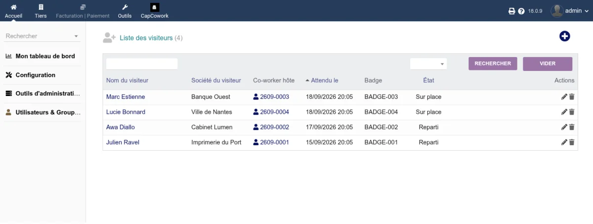 Liste des visiteurs avec le nom, la société, le co-worker hôte, le badge attribué et les heures d'arrivée et de départ