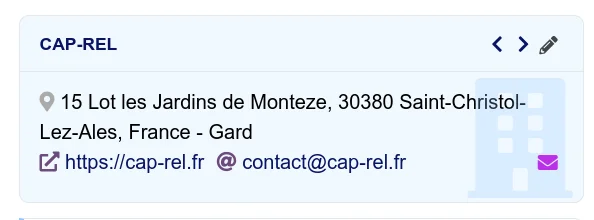 Bloc fiche tiers avec le nom, l'adresse et les boutons d'action rapide