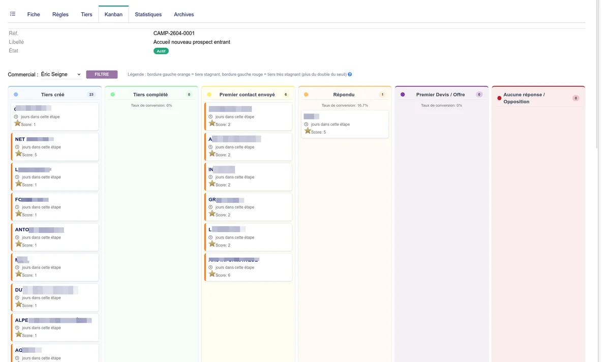 Vue kanban pleine page d'une campagne de prospection
