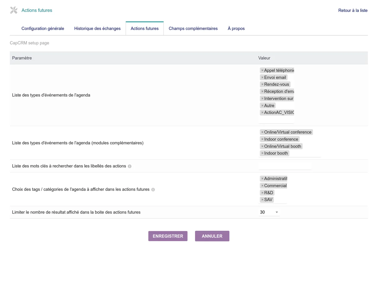 Écran de configuration des actions futures avec les filtres par type d'action et par catégorie