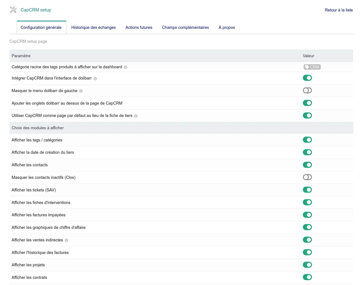 Écran de configuration générale de CapCRM avec les options d'interface et le choix des modules à afficher