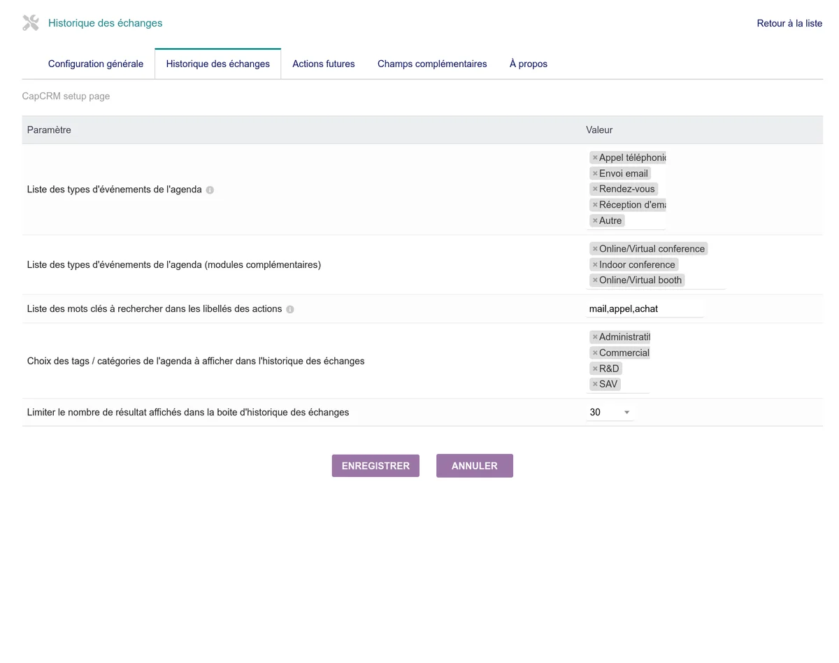 Écran de configuration de l'historique des échanges avec les filtres par type d'action et par catégorie
