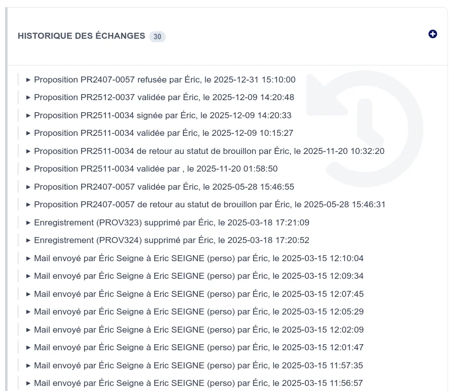 Page Échanges récents avec timeline des interactions