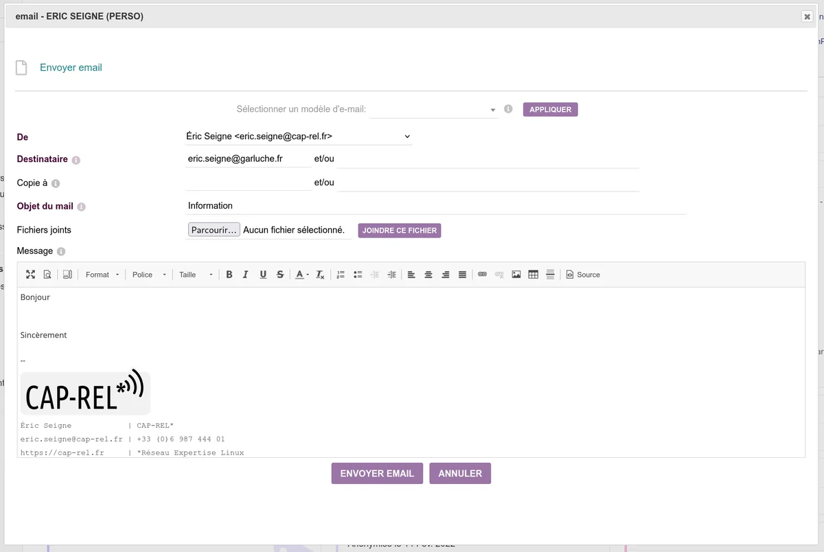 Formulaire d'envoi d'email en popup avec le champ destinataire, objet, corps du message et l'historique des emails