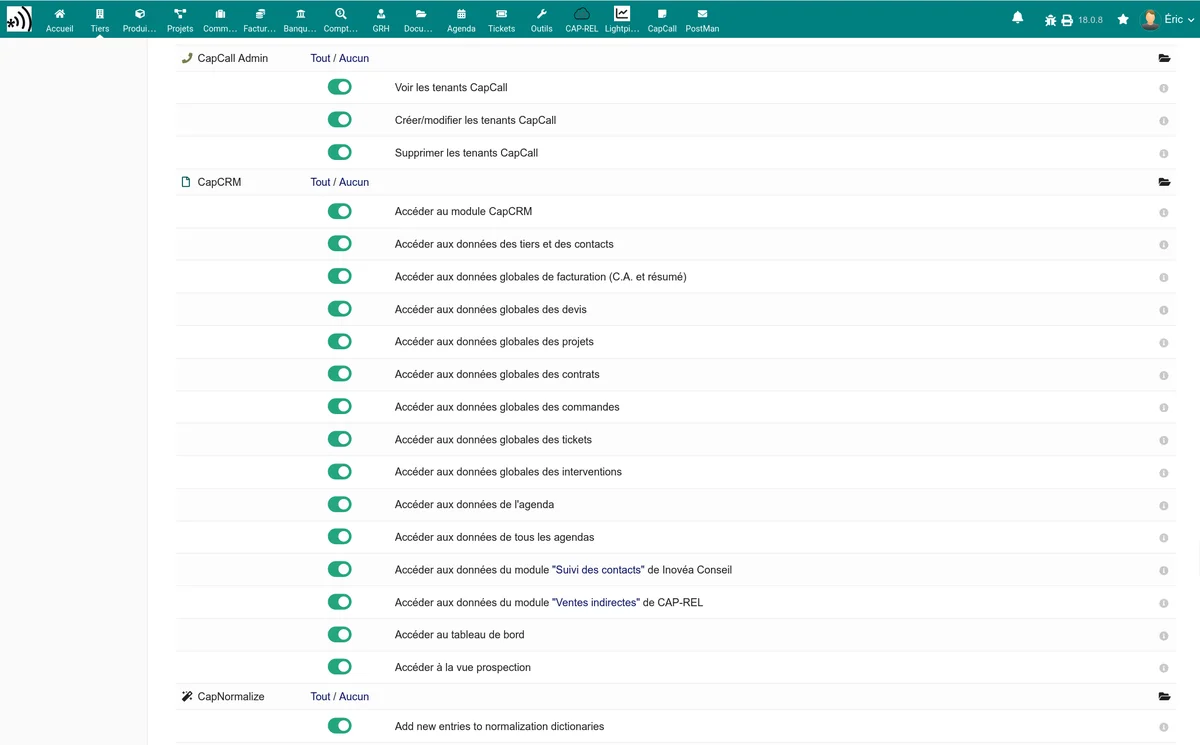 Page de gestion des permissions CapCRM sur la fiche d'un utilisateur Dolibarr