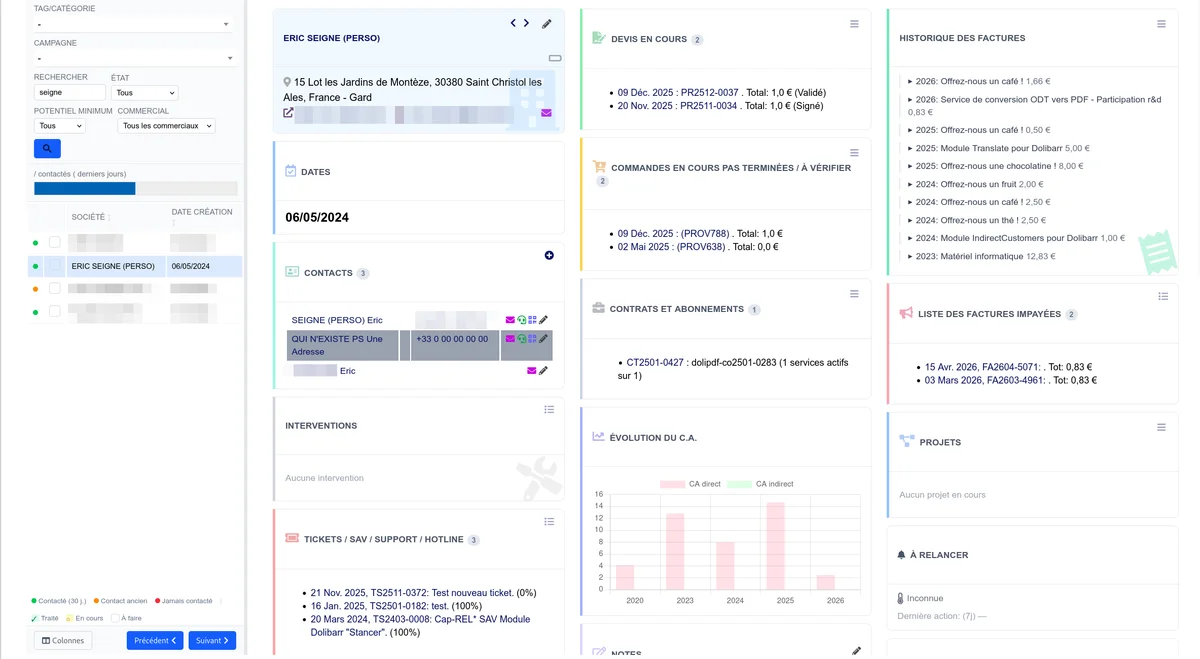 Vue prospection en split-view avec la liste des tiers et la fiche CRM