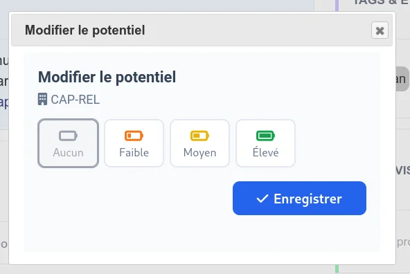 Badge batterie du potentiel prospect et popup de modification rapide