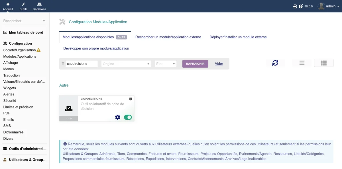 Page d'activation du module CapDecisions dans la liste des modules Dolibarr