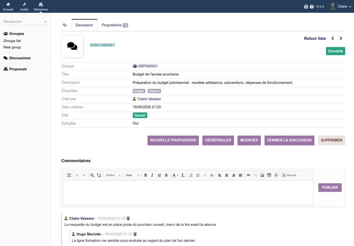 Section des commentaires d'une discussion avec formulaire de réponse et fil de commentaires imbriqués
