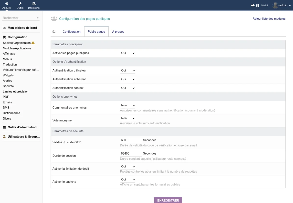 Écran de configuration des pages publiques de CapDecisions