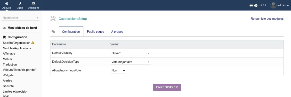 Écran de configuration des paramètres généraux de CapDecisions