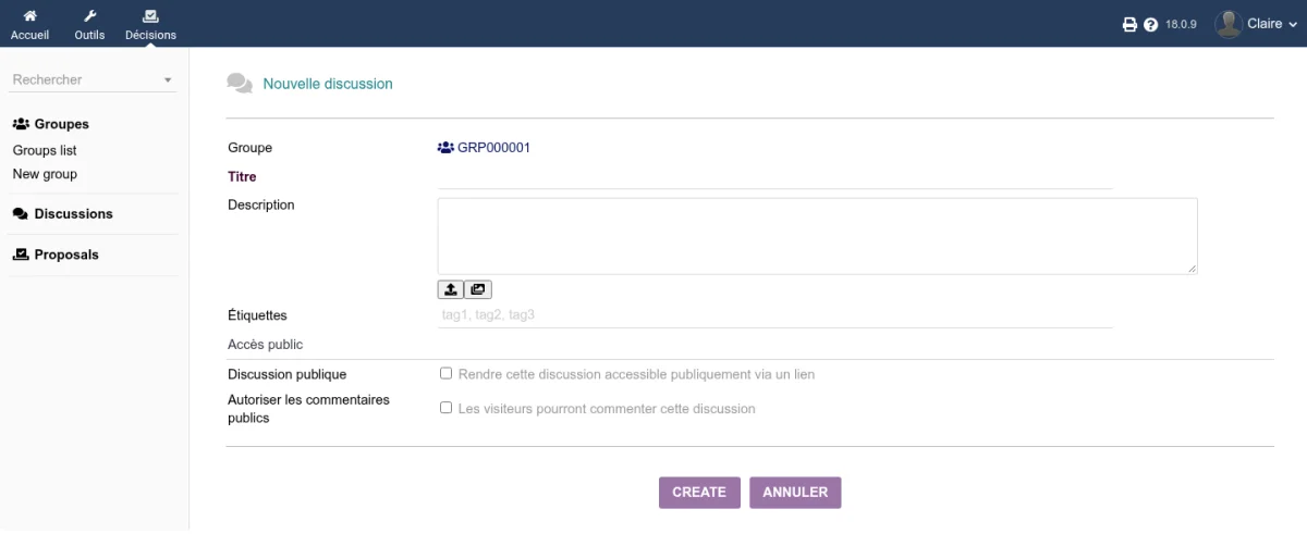 Formulaire de création d'une discussion avec titre, description, tags et options d'accès public