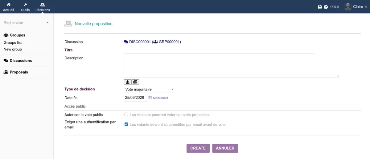 Formulaire de création d'une proposition avec titre, description, type de décision et date de fin