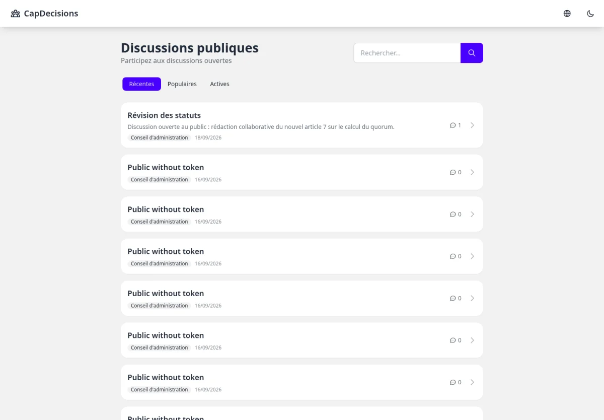 Portail public affichant la liste des discussions publiques avec barre de recherche