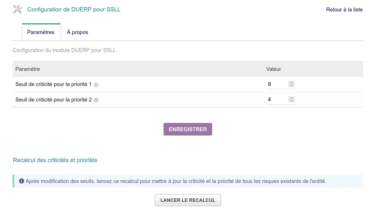 Page de configuration du module avec les deux seuils de priorité et le bouton de recalcul