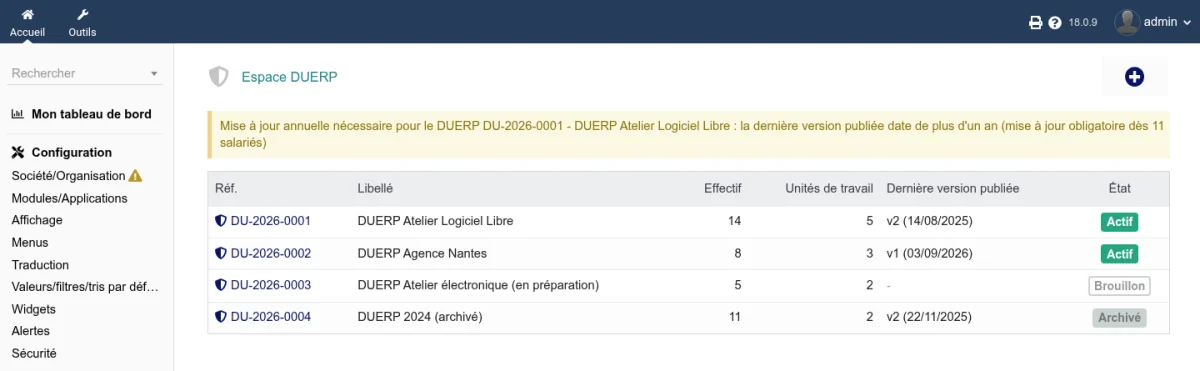 Tableau de bord du module DUERP avec la liste des documents et le bouton Nouveau DUERP