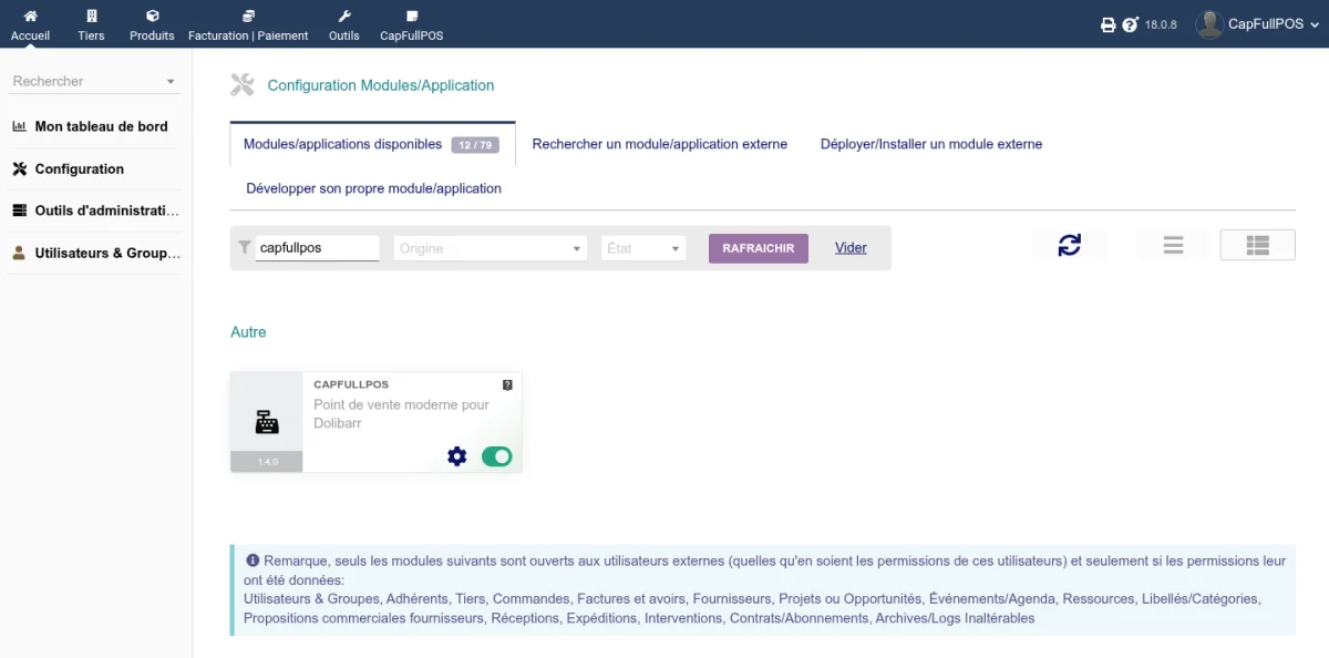 Page d'activation du module CapFullPOS dans la liste des modules Dolibarr