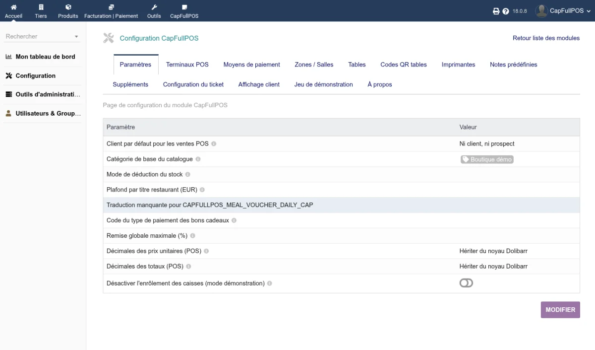Onglets de configuration du module CapFullPOS dans Dolibarr