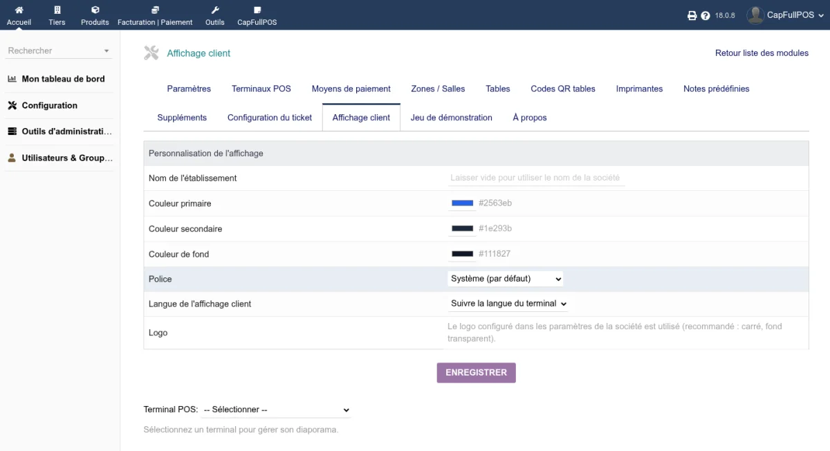 Section de personnalisation du thème de l'écran client CapFullPOS