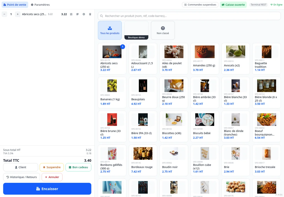 Interface de vente CapFullPOS avec le catalogue produits et le panier