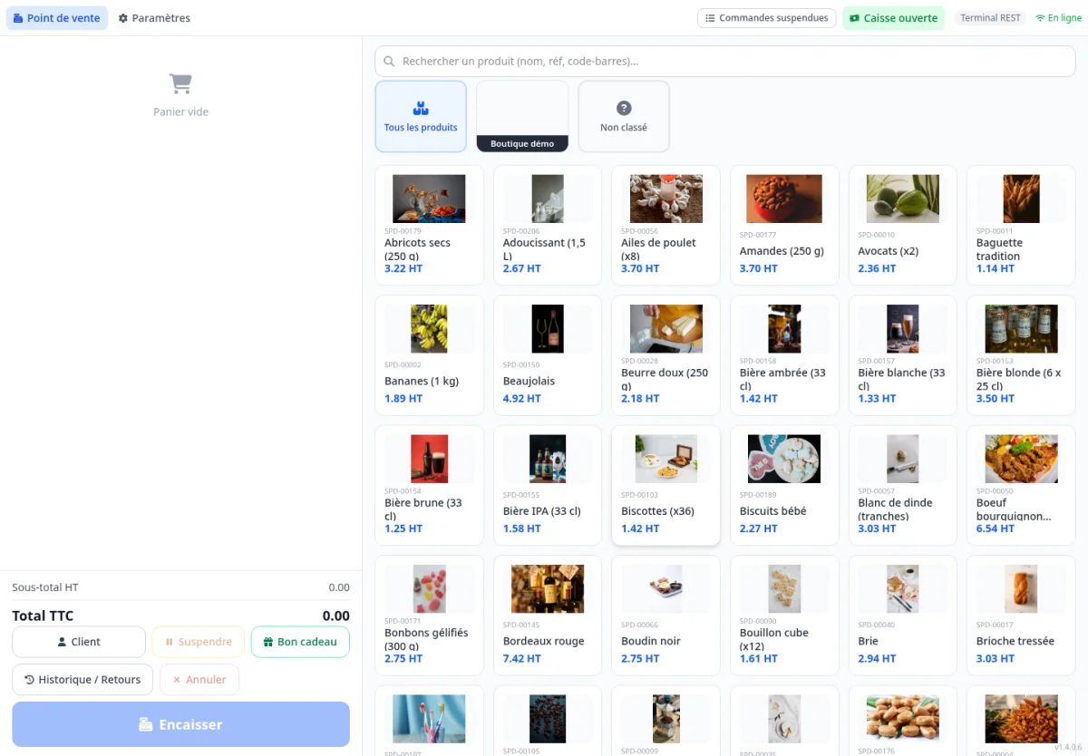 Interface de vente CapFullPOS avec le catalogue produits et le panier