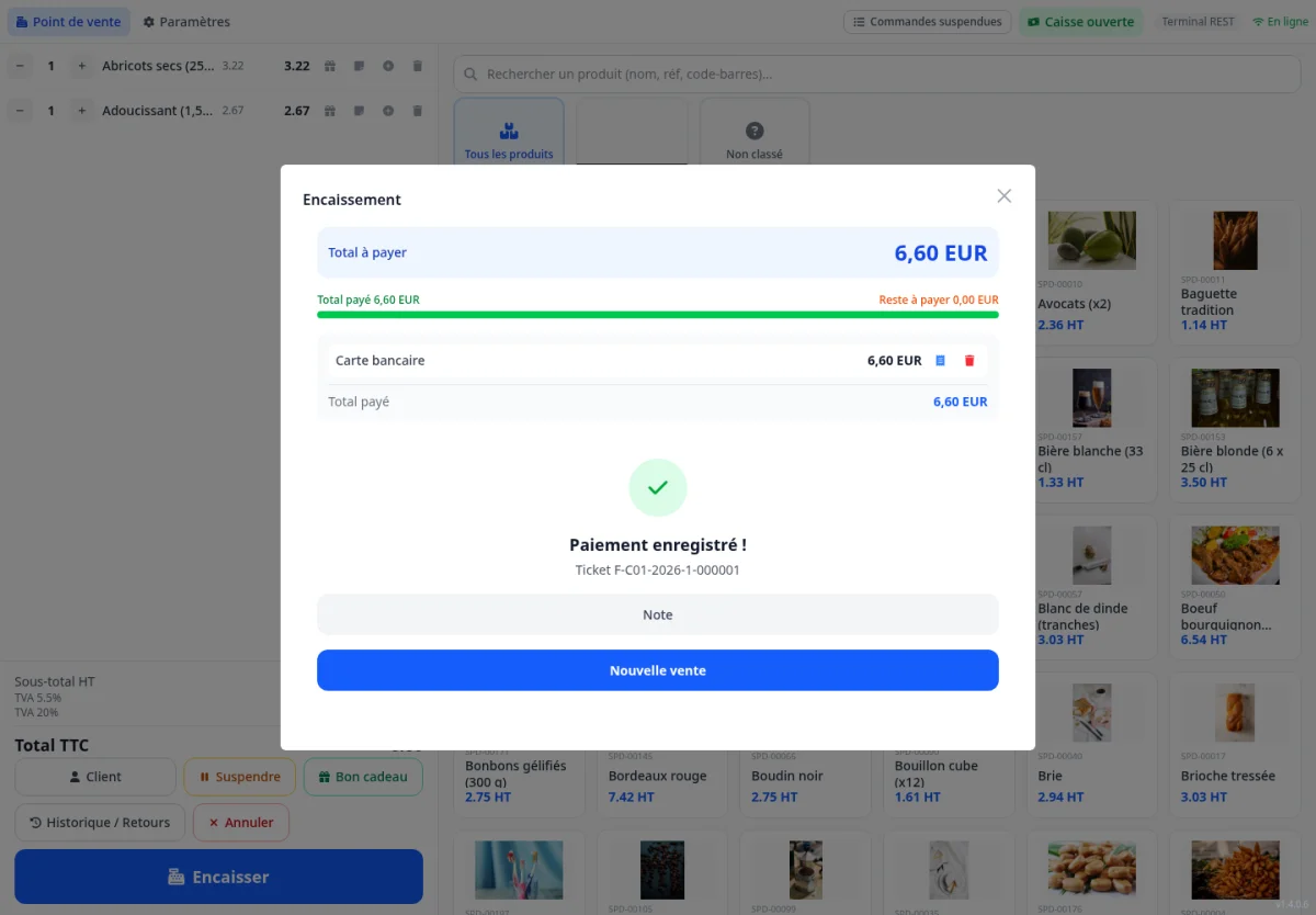 Journal des paiements avec le bouton Note sur chaque règlement