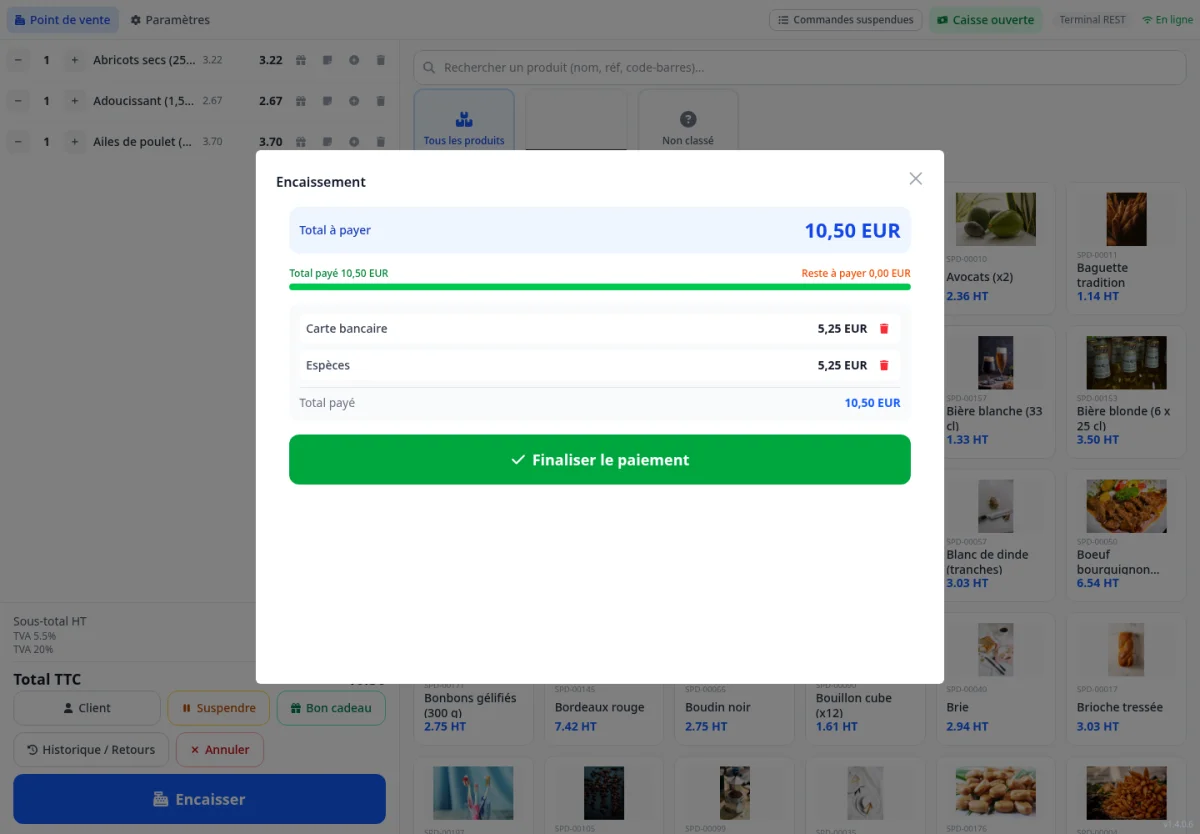 Journal des paiements après plusieurs parts encaissées avec des moyens différents (carte, espèces, titre restaurant)