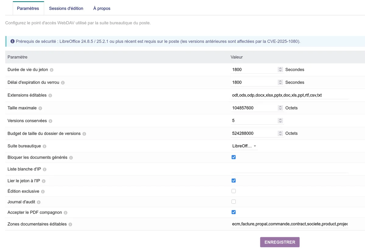 Page de configuration de Capliboo avec les réglages de jeton, de verrou, d'extensions et de sécurité