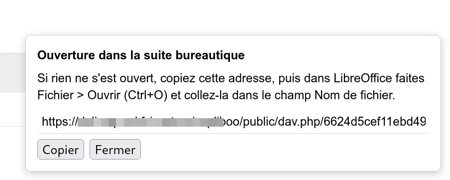 Panneau de repli affiché en bas à droite avec l'adresse WebDAV du document et le bouton pour la copier