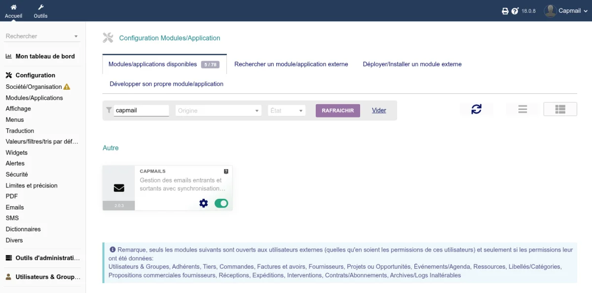 Activation du module Capmail dans la liste des modules