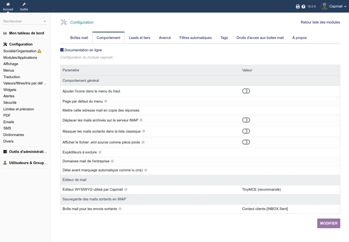 Vue d'ensemble de l'administration Capmail
