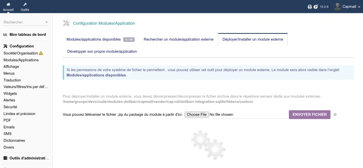 Page de déploiement d'un module externe dans Dolibarr