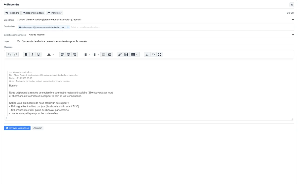 Réponse à un mail dans la fenêtre dédiée