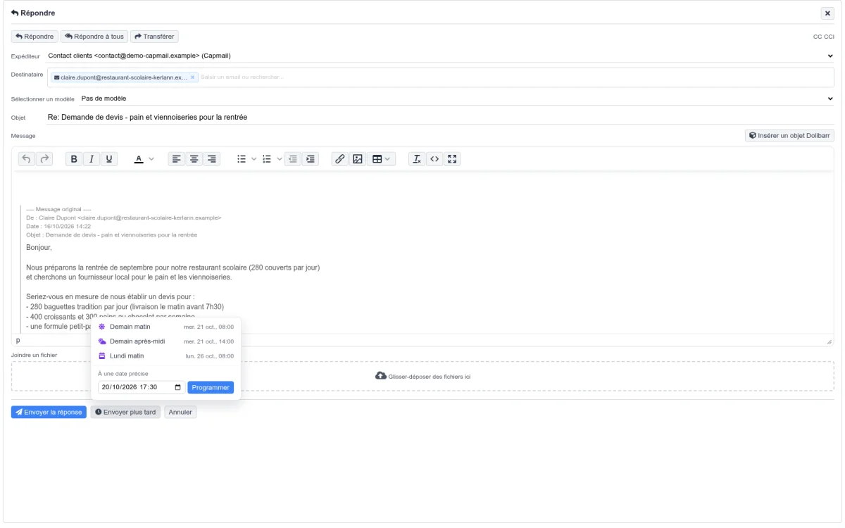 Réponse en cours d'écriture avec le menu Envoyer plus tard ouvert