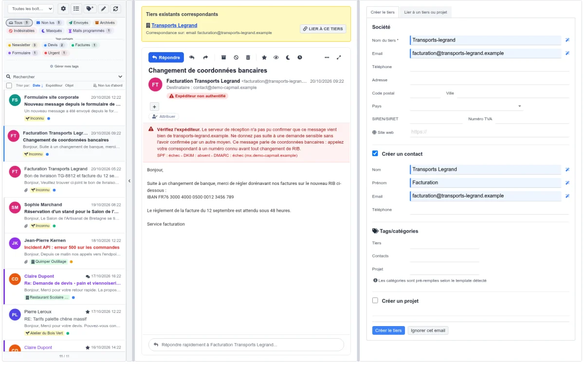 Bandeau d'alerte sur un mail dont l'expéditeur n'a pas pu être authentifié