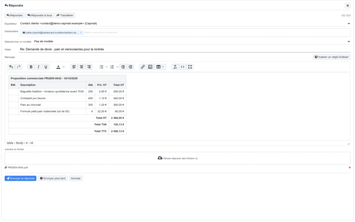 Devis inséré : ses lignes dans le message, son PDF en pièce jointe