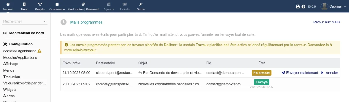 Liste des mails programmés, l'un en attente et l'autre déjà parti