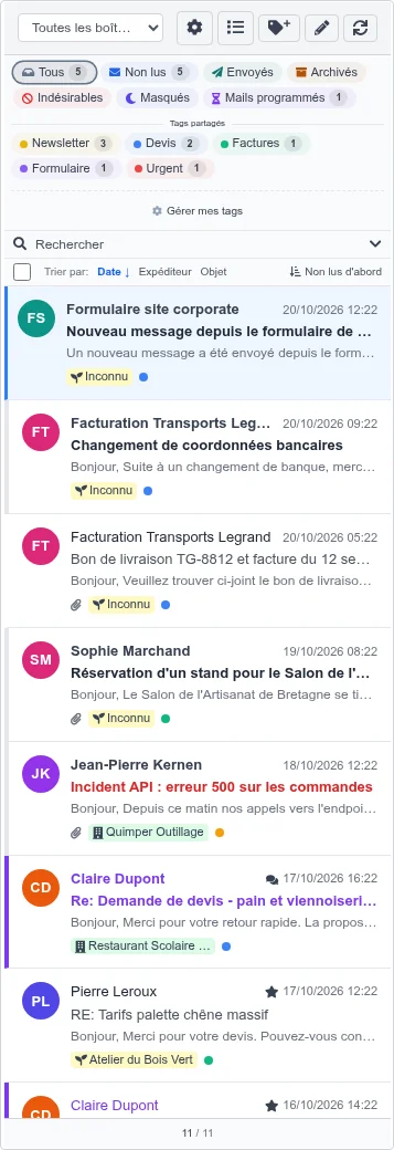 Incidents en rouge, mails d'un client en violet