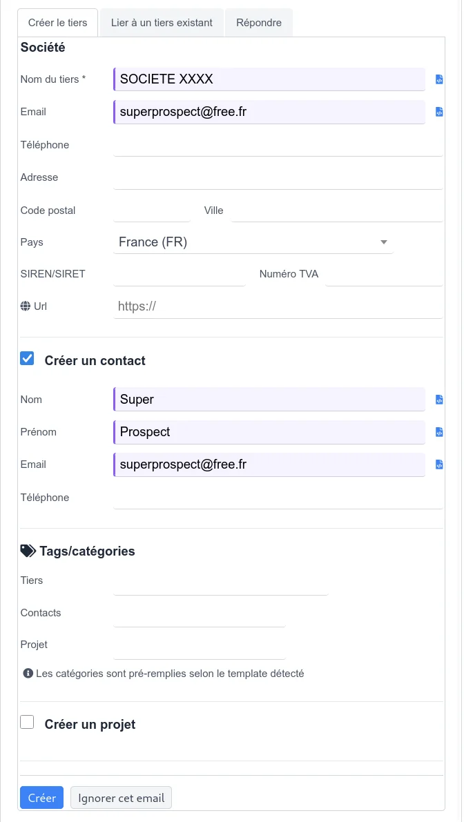 Formulaire de création rapide d'un tiers depuis un email