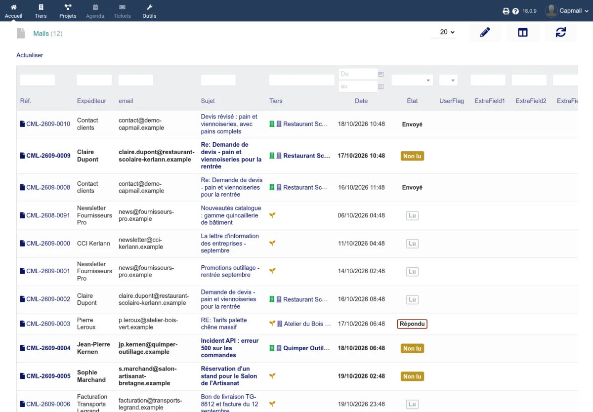 Liste des emails dans l'interface classique